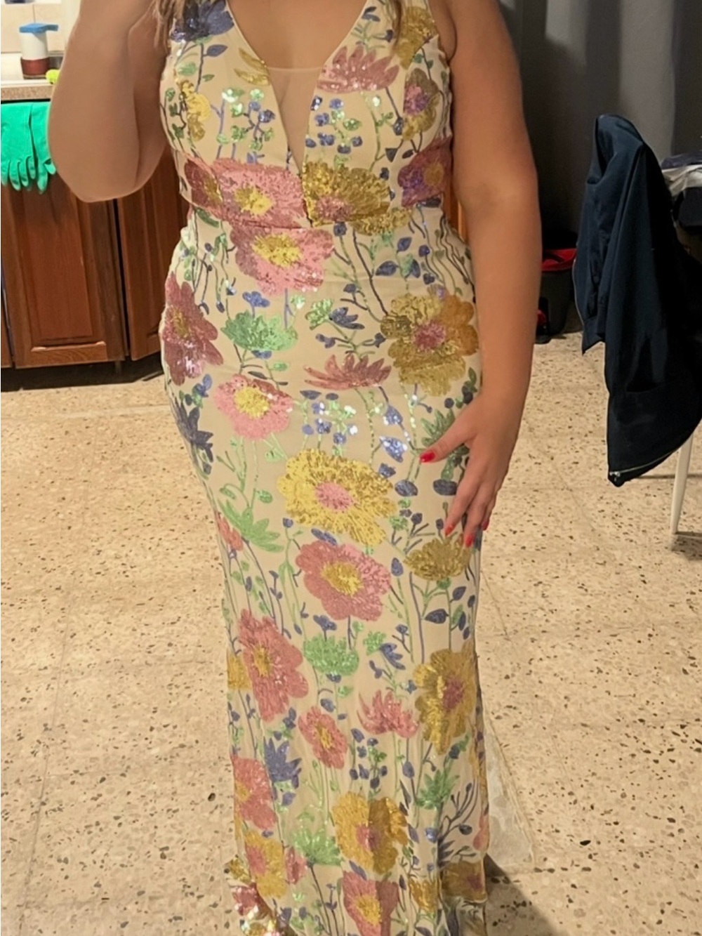 Sequin Floral V-Neck Prom Dress in Cream with Pink & Yellow Flowers